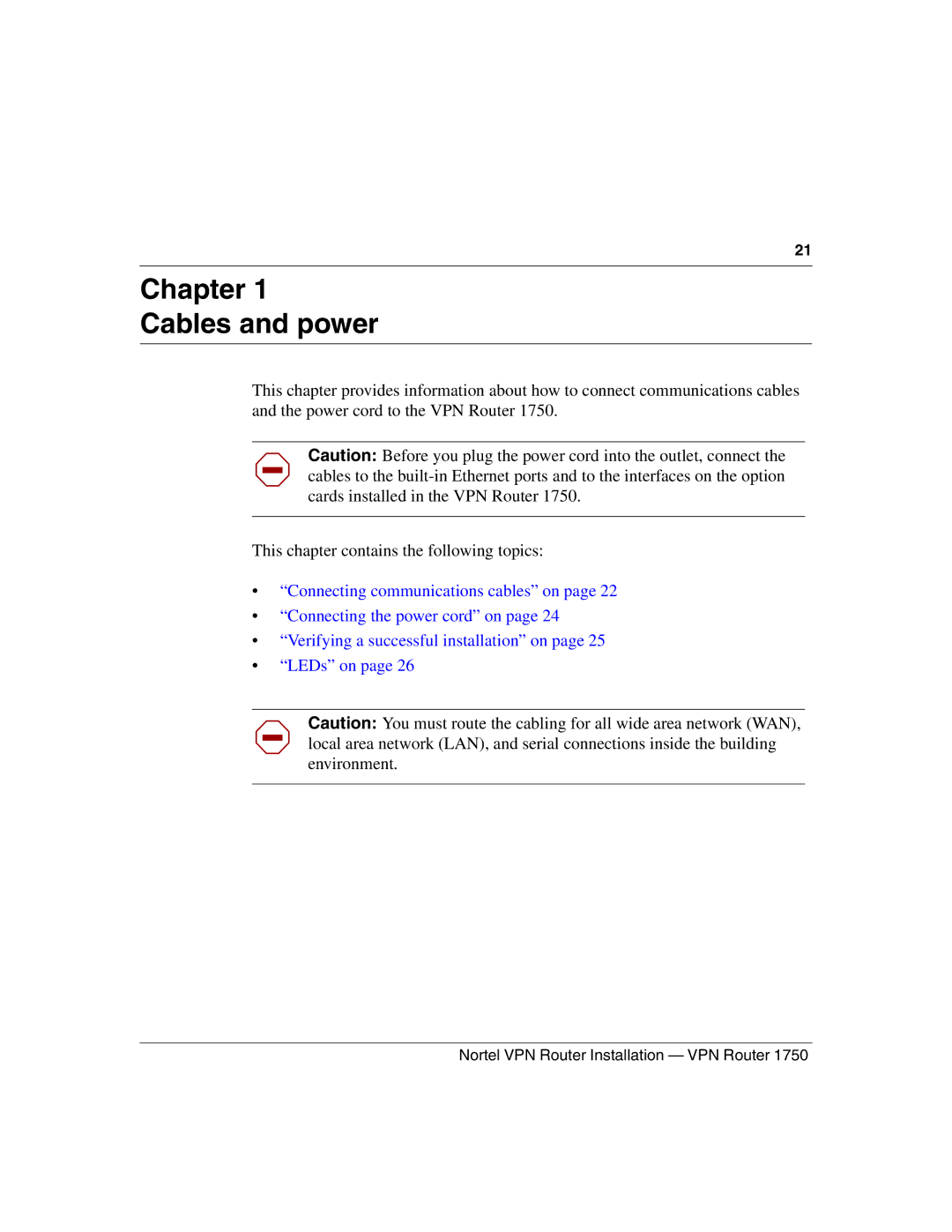 Nortel Networks 1750 manual Chapter Cables and power 