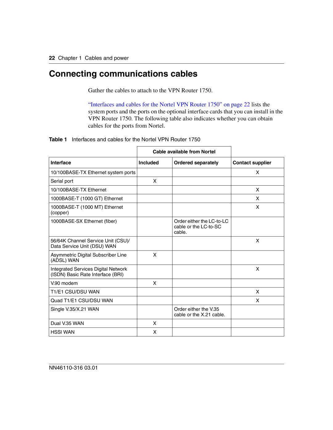 Nortel Networks 1750 Connecting communications cables, Cables and power, Interfaces and cables for the Nortel VPN Router 