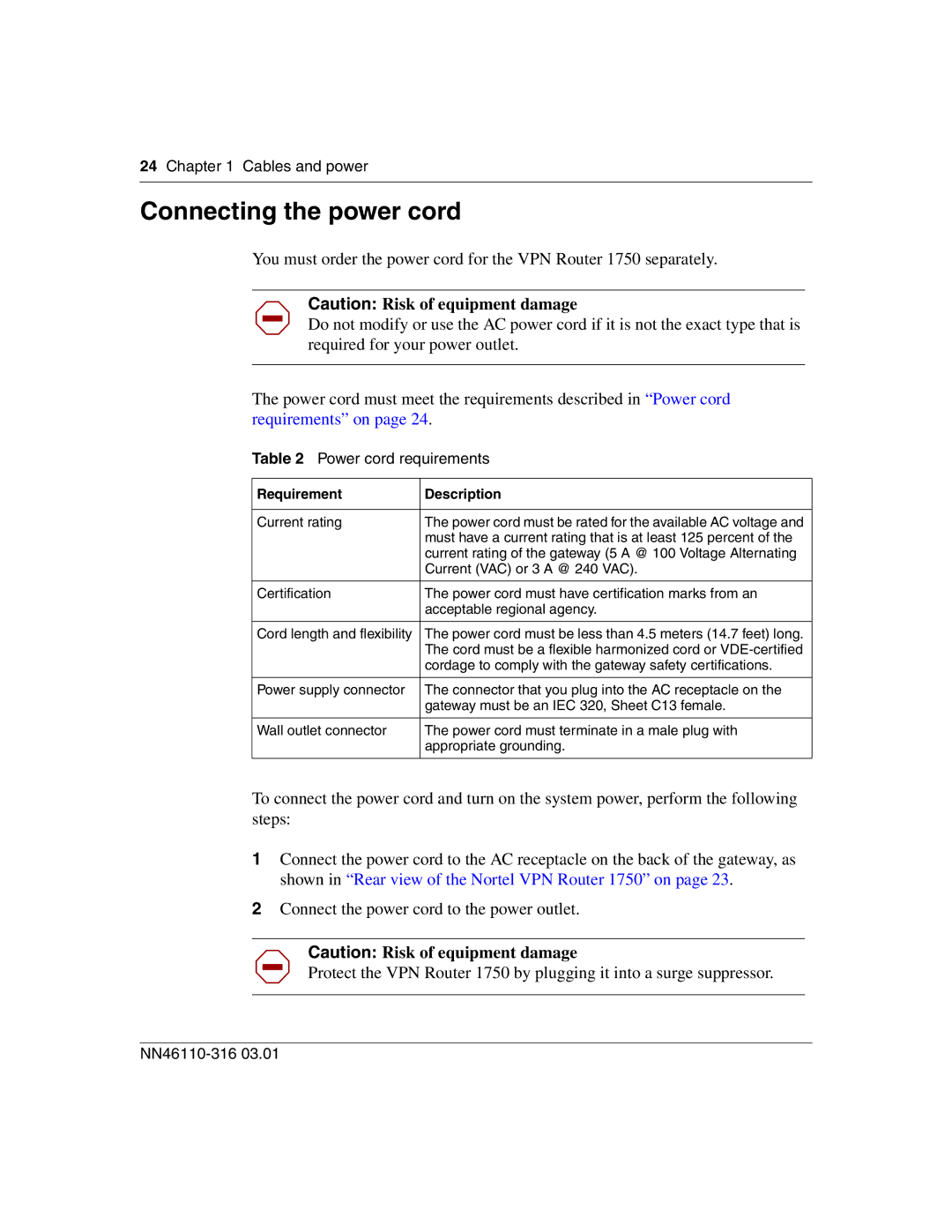 Nortel Networks 1750 manual Connecting the power cord, Power cord requirements 