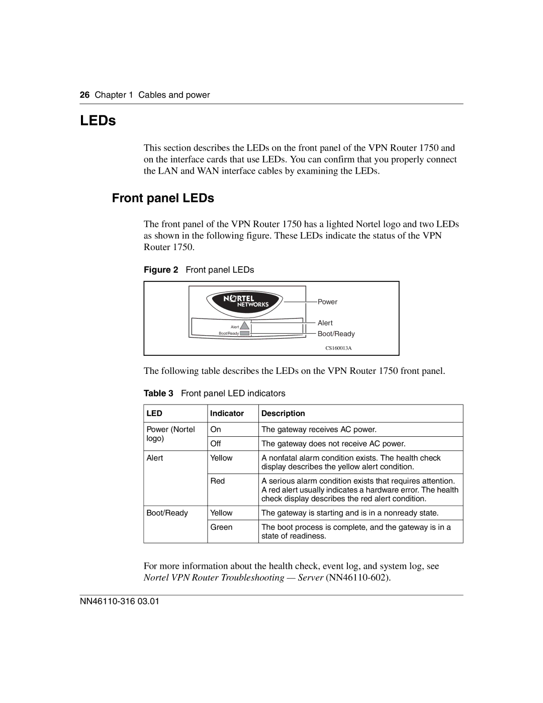 Nortel Networks 1750 manual Front panel LEDs, Front panel LED indicators 