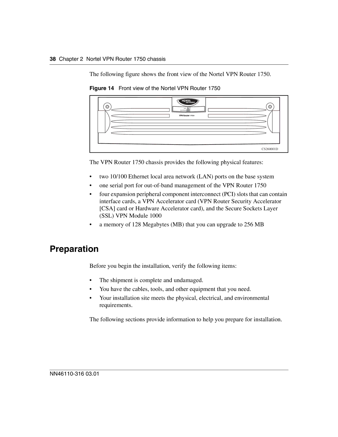 Nortel Networks manual Preparation, Nortel VPN Router 1750 chassis 