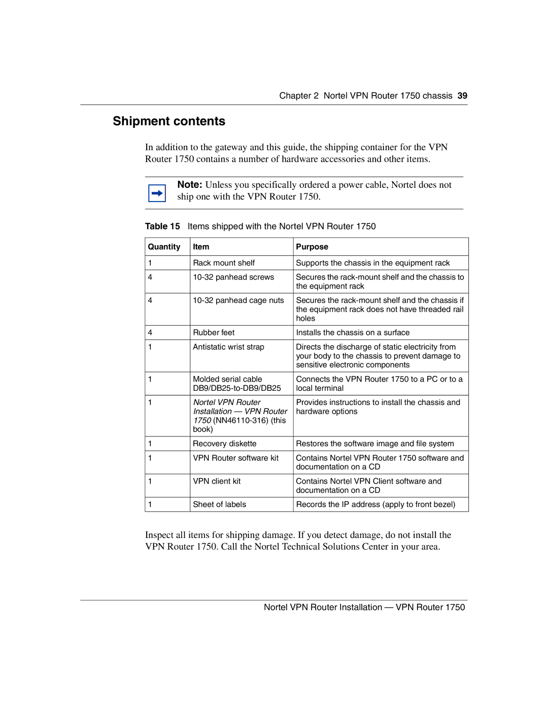 Nortel Networks 1750 manual Shipment contents 