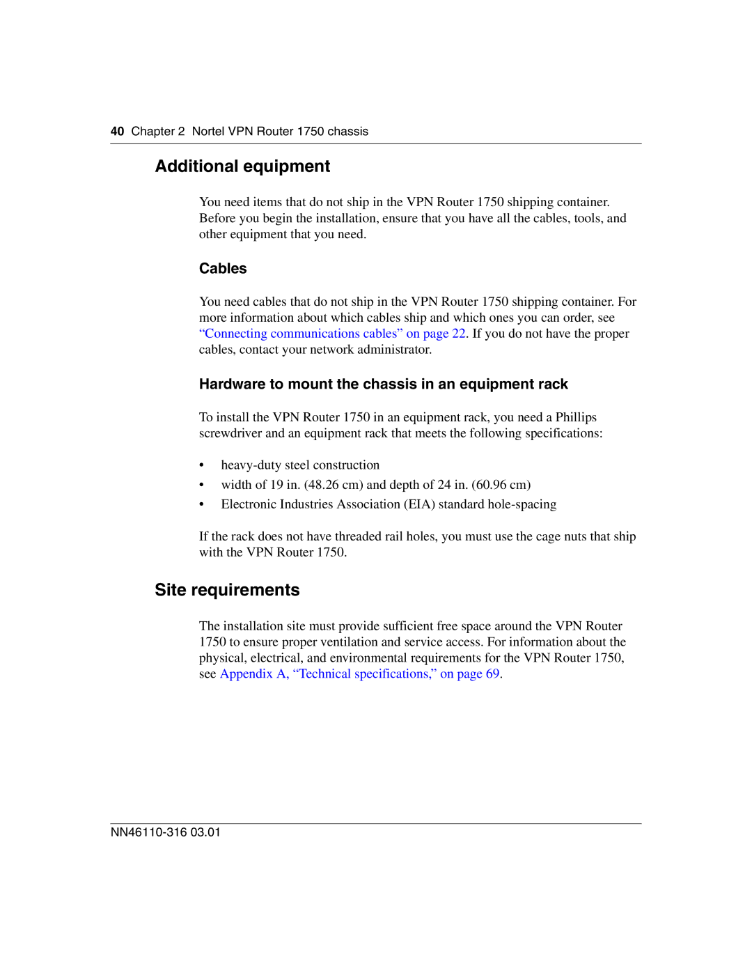 Nortel Networks 1750 manual Additional equipment, Site requirements 