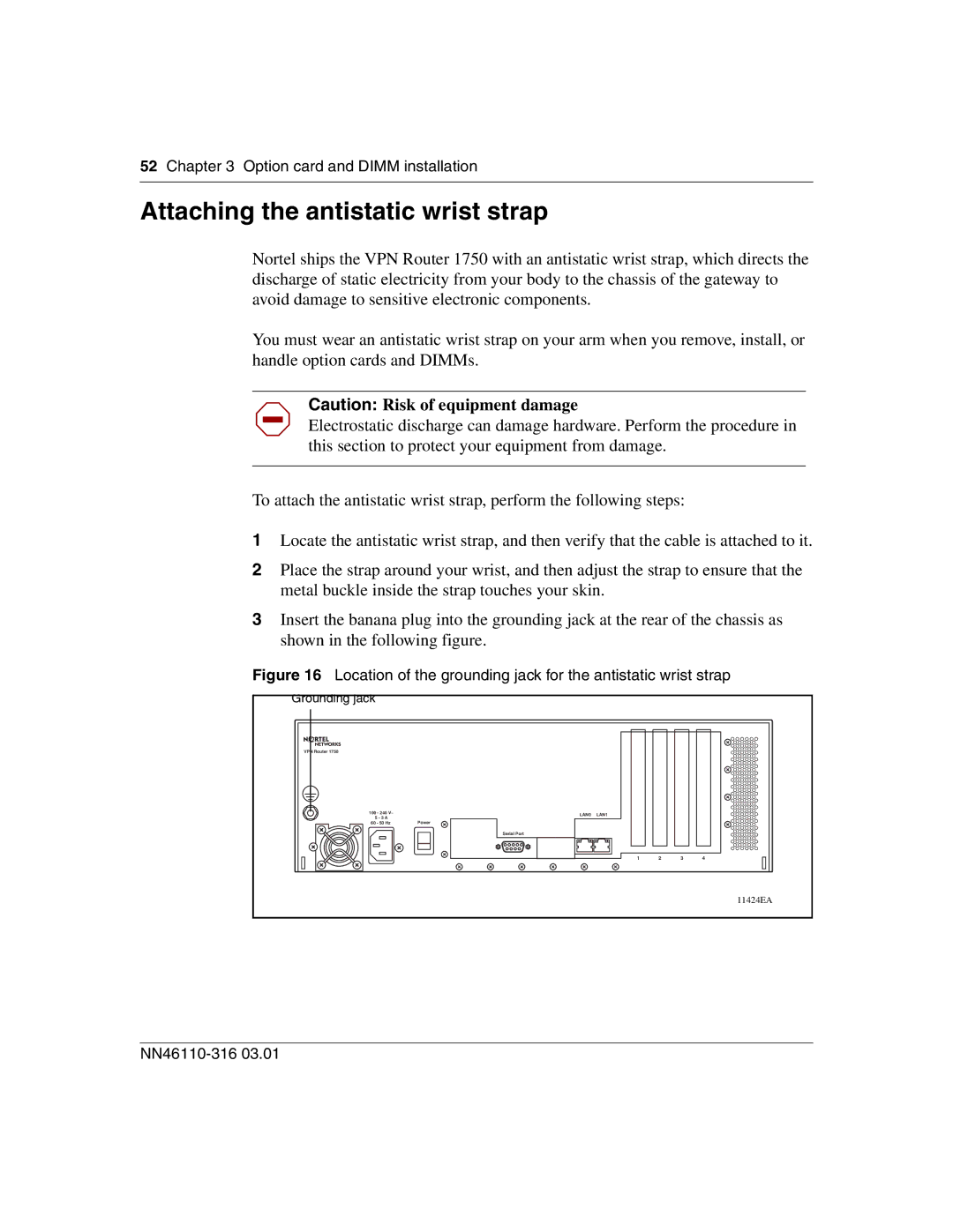 Nortel Networks 1750 manual Attaching the antistatic wrist strap 