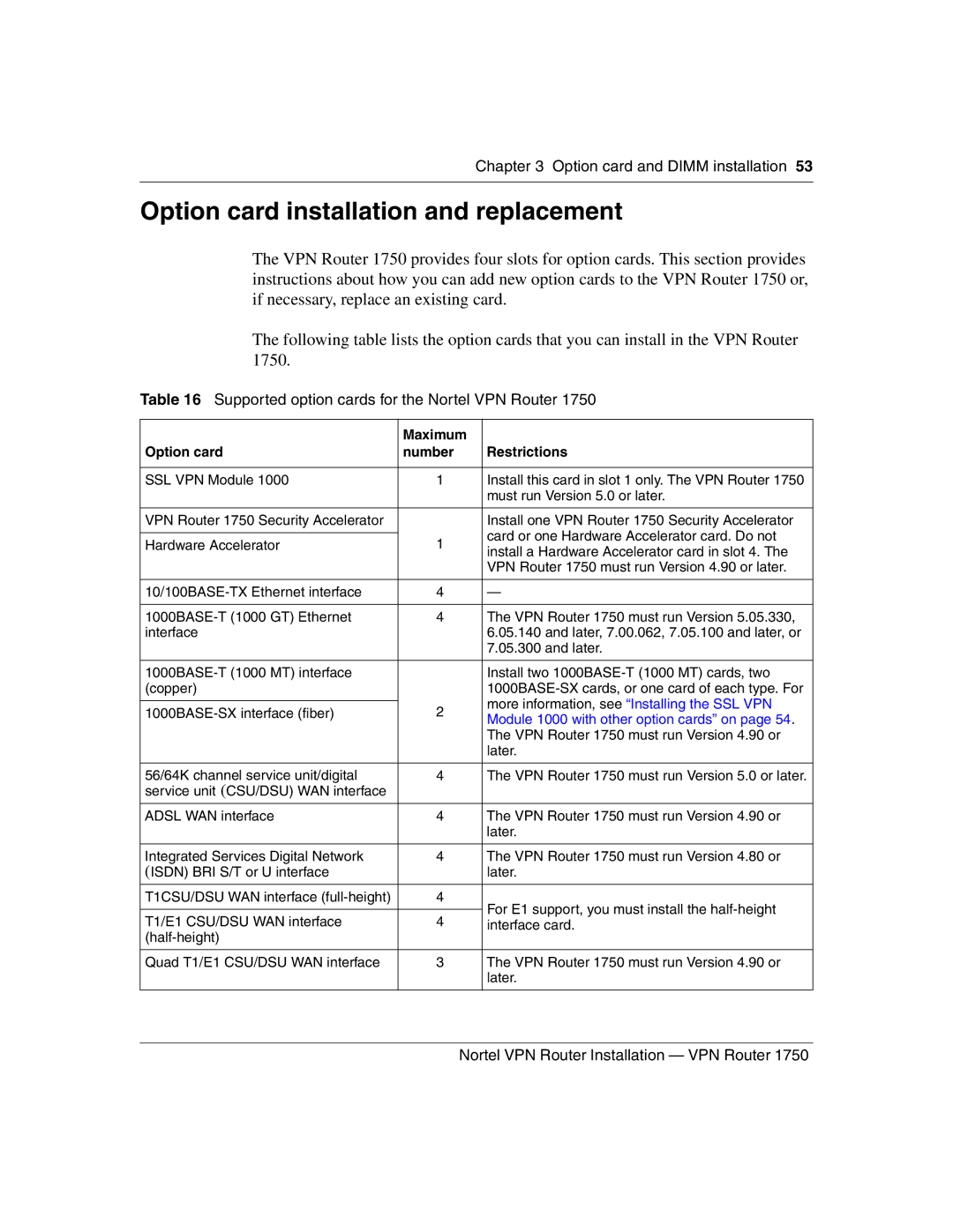 Nortel Networks 1750 manual Option card installation and replacement, Supported option cards for the Nortel VPN Router 