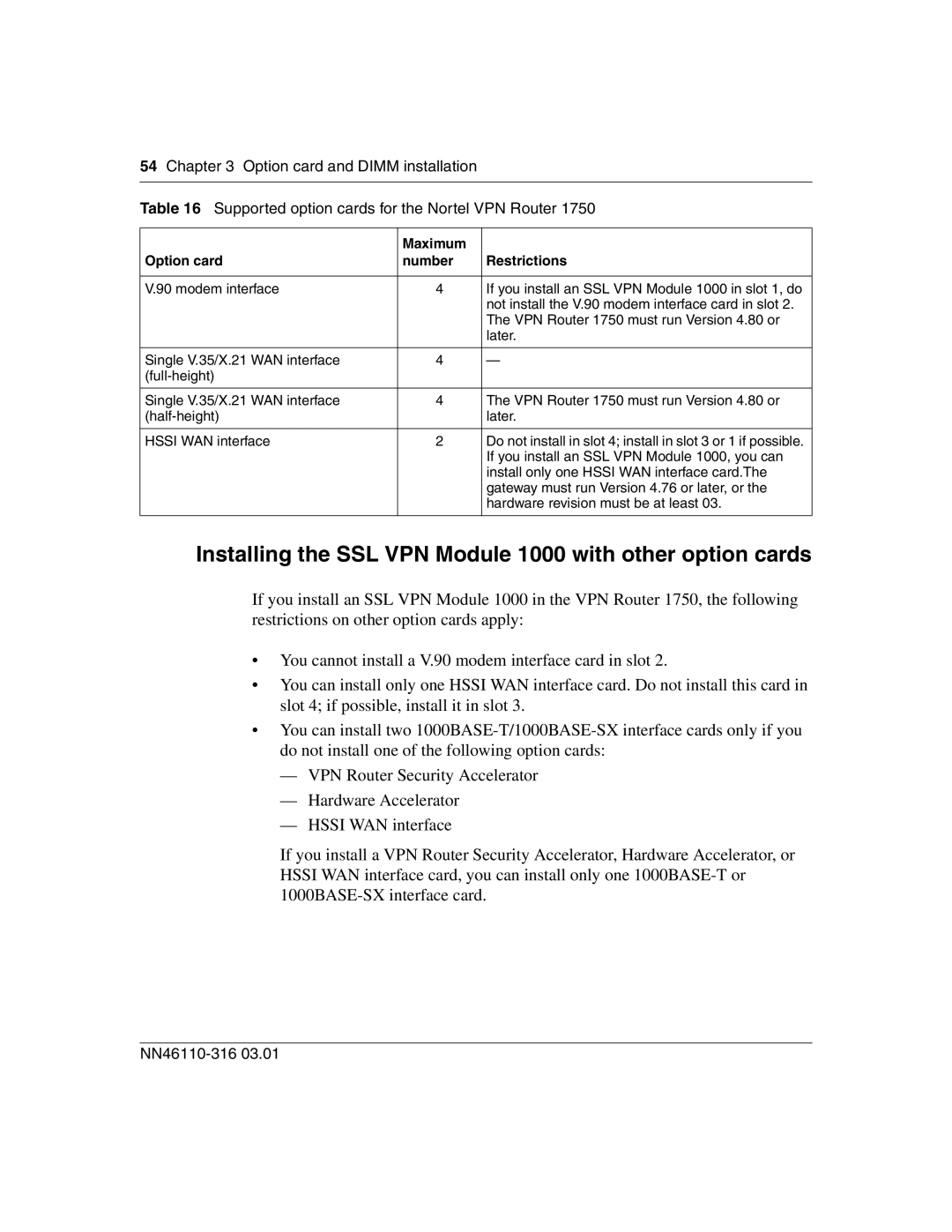 Nortel Networks 1750 manual Installing the SSL VPN Module 1000 with other option cards 