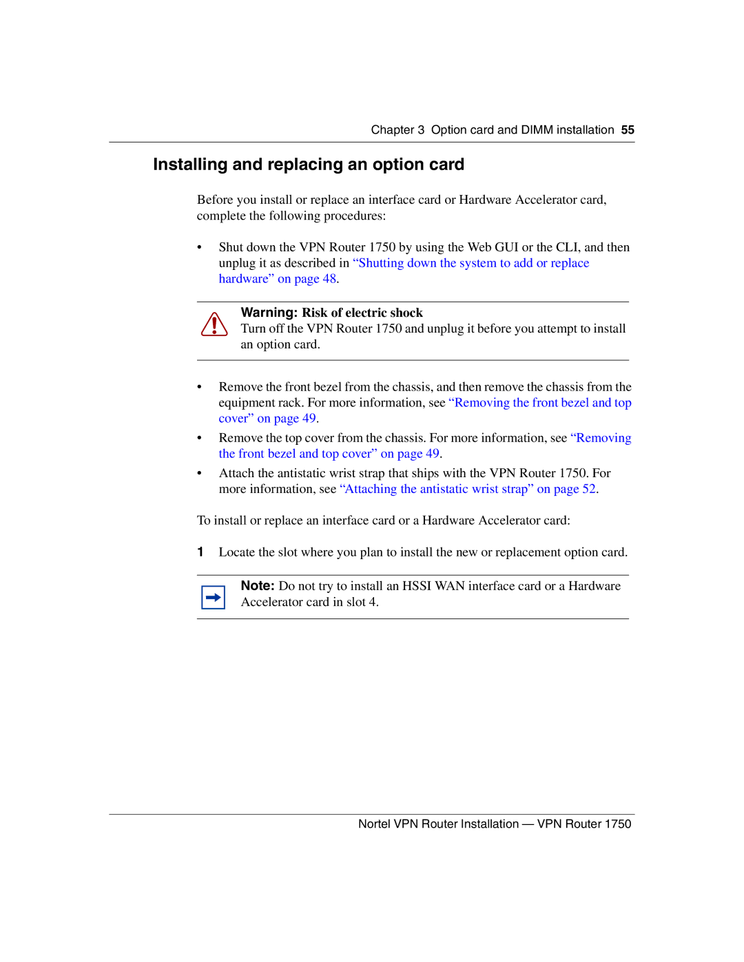 Nortel Networks 1750 manual Installing and replacing an option card 