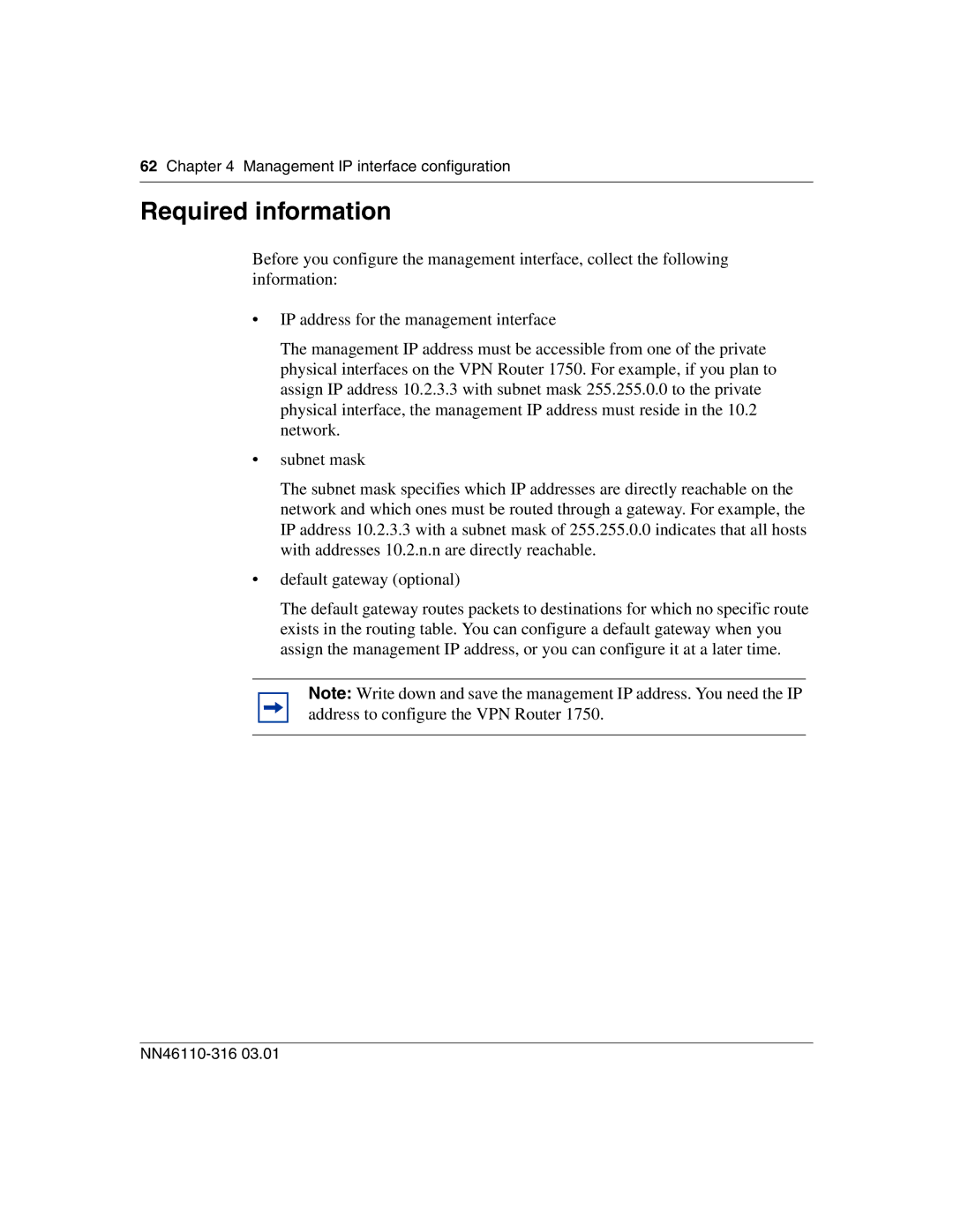 Nortel Networks 1750 manual Required information, Management IP interface configuration 