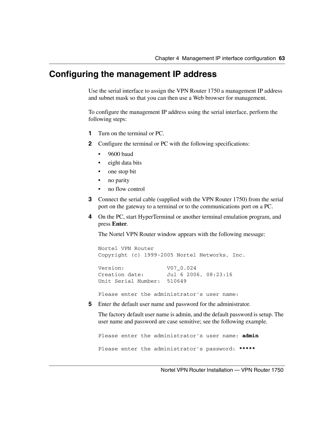 Nortel Networks 1750 manual Configuring the management IP address 