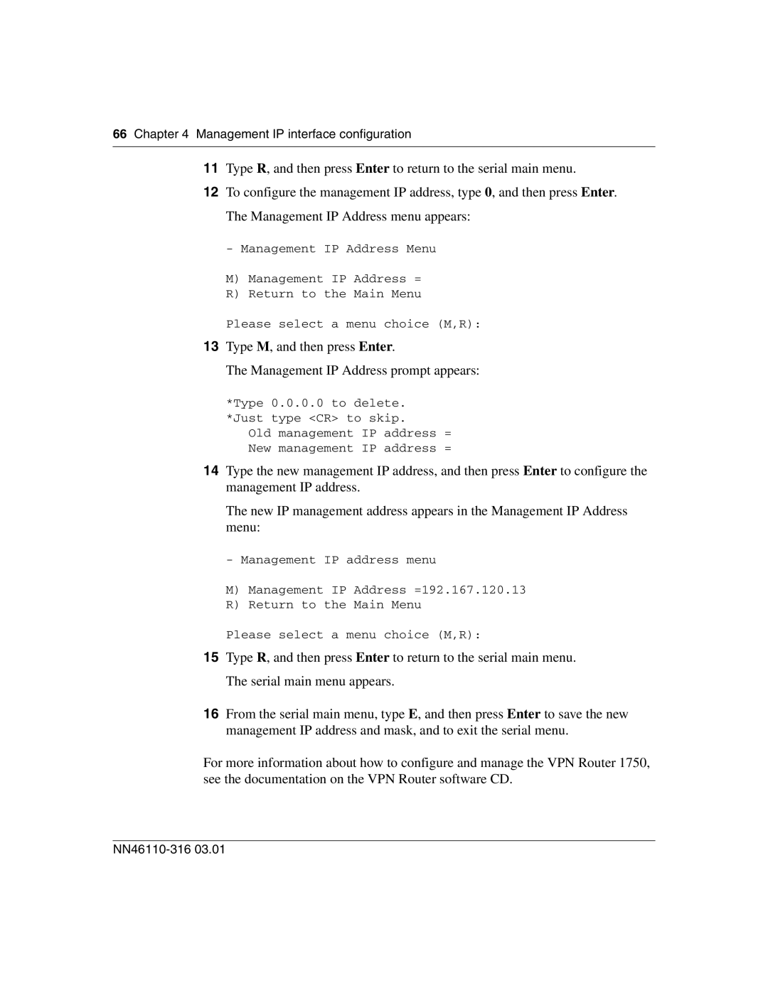 Nortel Networks 1750 manual Management IP interface configuration 