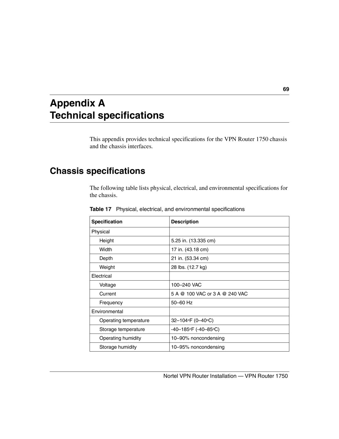 Nortel Networks 1750 manual Chassis specifications, Physical, electrical, and environmental specifications 