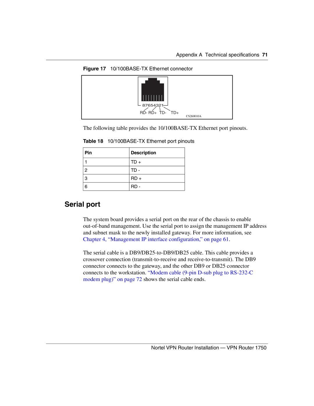 Nortel Networks 1750 manual Serial port, Appendix a Technical specifications, 10/100BASE-TX Ethernet port pinouts 