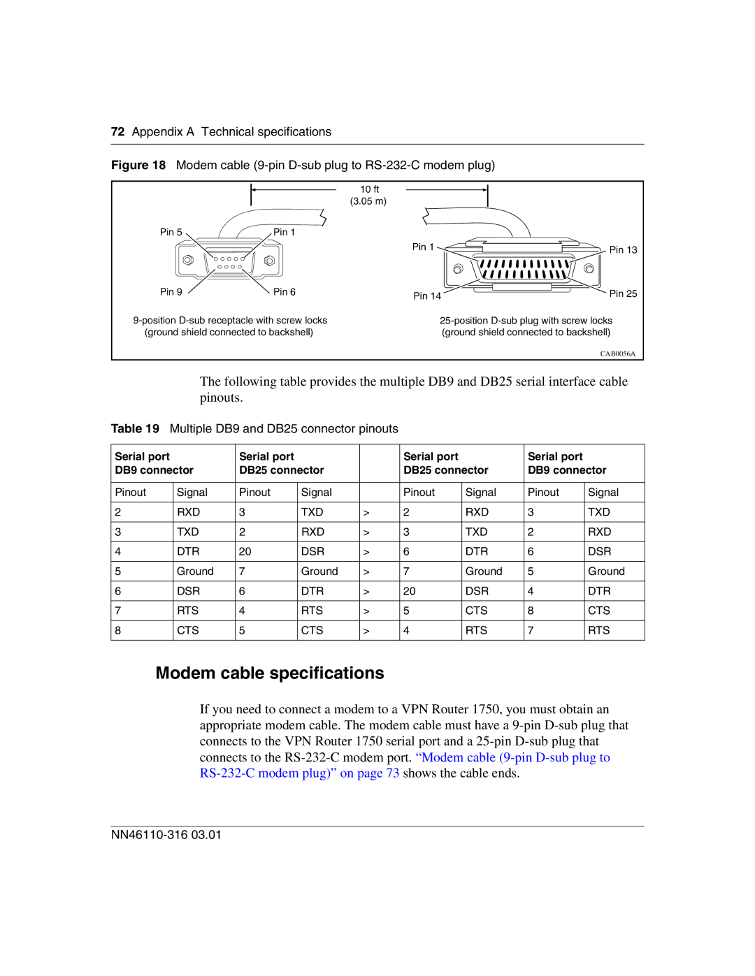 Nortel Networks 1750 manual Modem cable specifications, Multiple DB9 and DB25 connector pinouts 