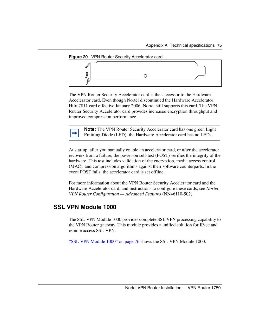 Nortel Networks 1750 manual SSL VPN Module, VPN Router Security Accelerator card 