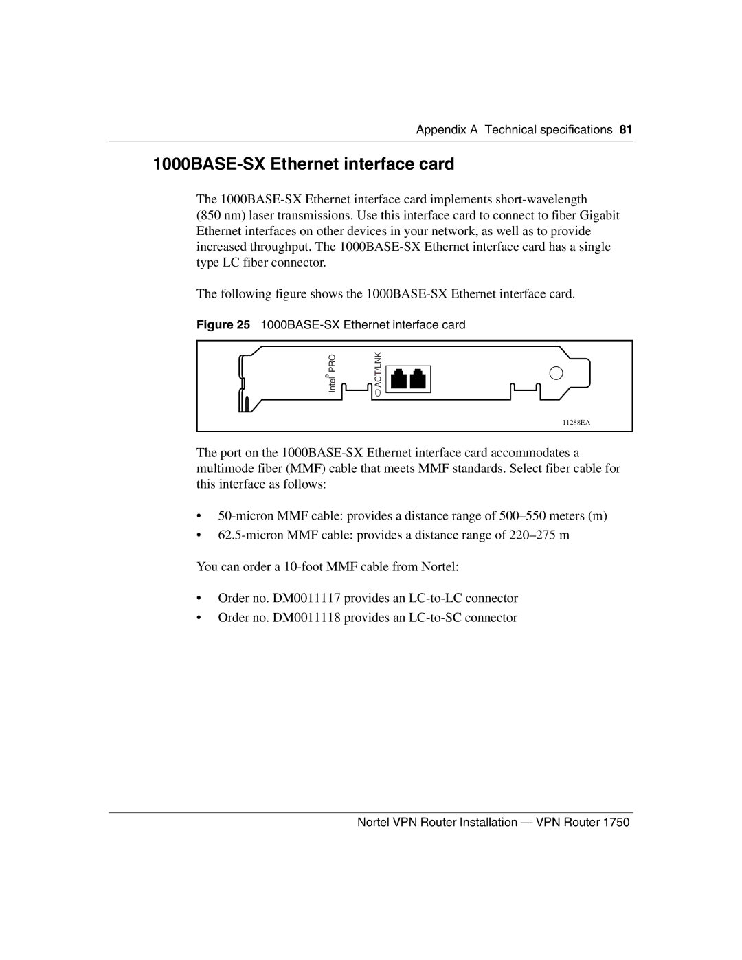 Nortel Networks 1750 manual 1000BASE-SX Ethernet interface card 