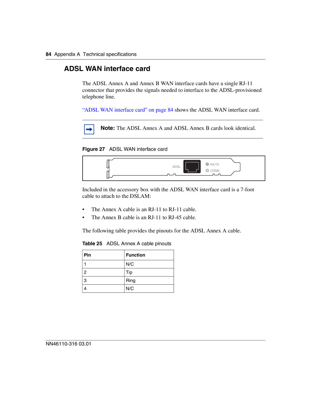 Nortel Networks 1750 manual Adsl WAN interface card, Adsl Annex a cable pinouts 