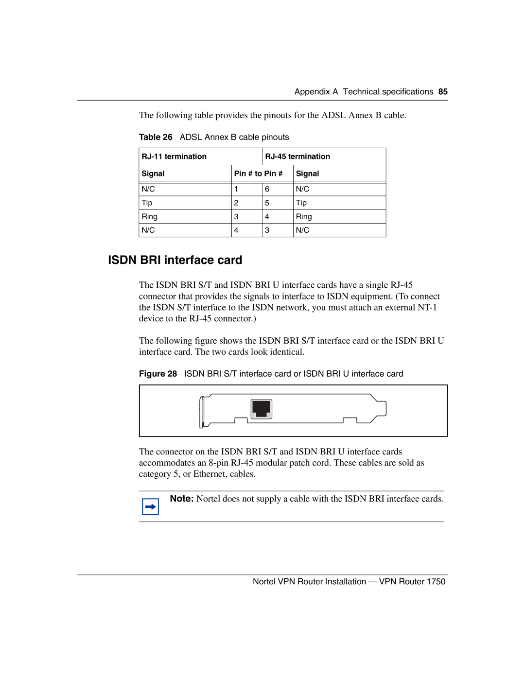 Nortel Networks 1750 manual Isdn BRI interface card, Adsl Annex B cable pinouts 