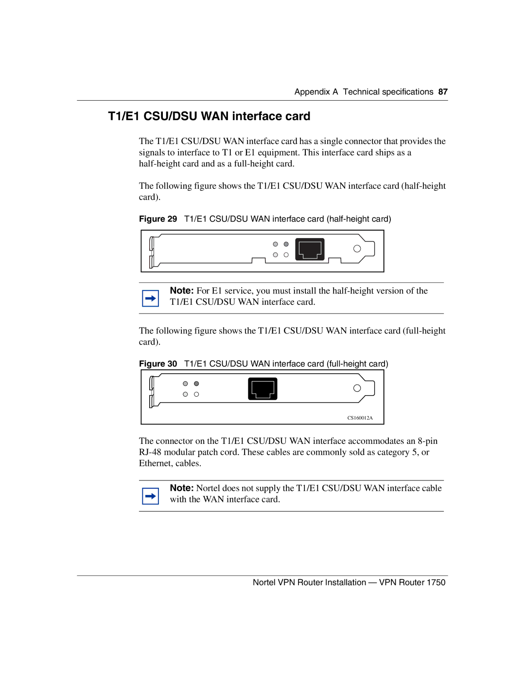 Nortel Networks 1750 manual T1/E1 CSU/DSU WAN interface card half-height card 
