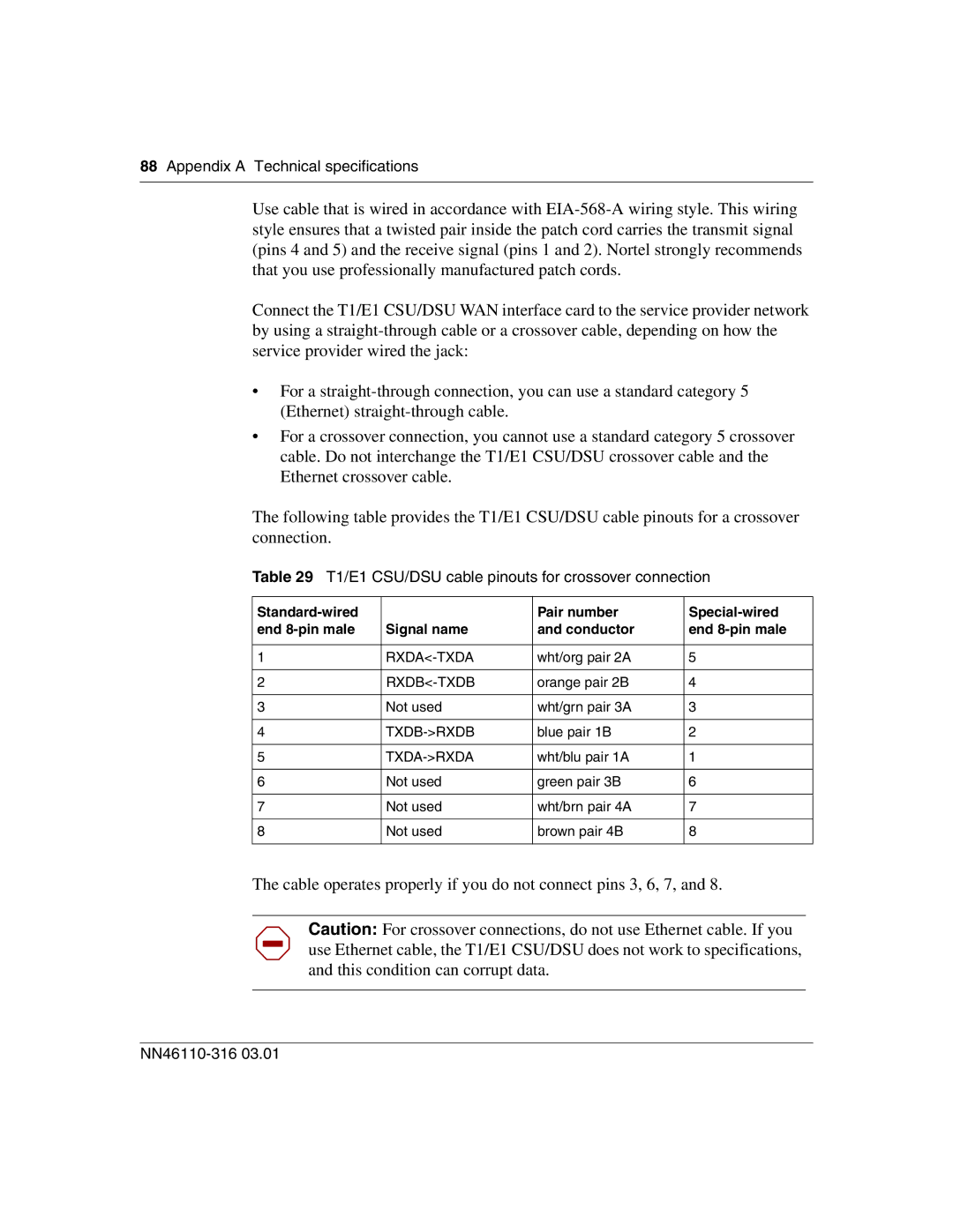 Nortel Networks 1750 manual T1/E1 CSU/DSU cable pinouts for crossover connection 