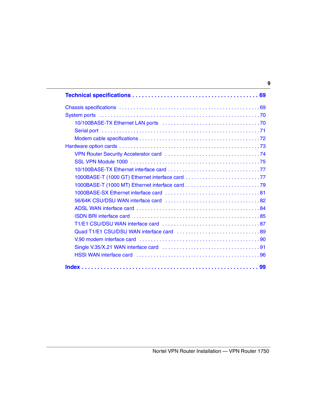 Nortel Networks 1750 manual Index 