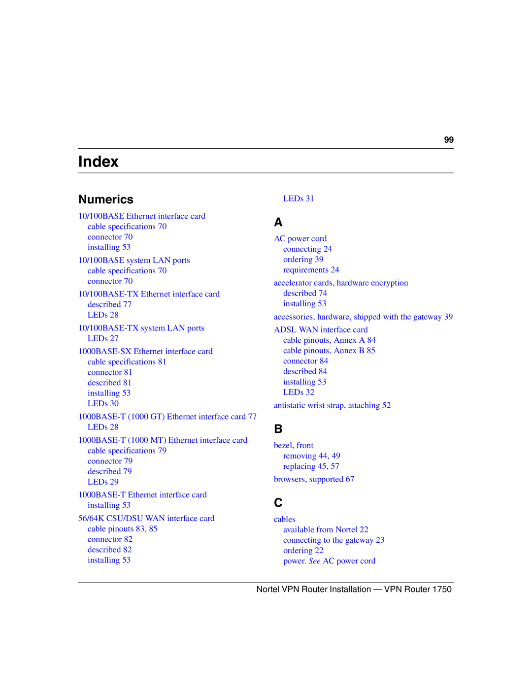 Nortel Networks 1750 manual Index, Numerics 