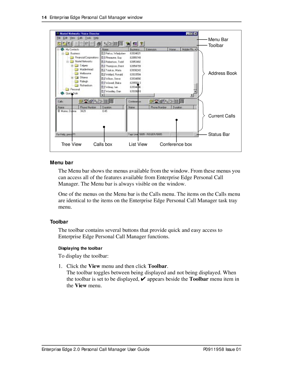 Nortel Networks 2 manual Menu bar, Toolbar 