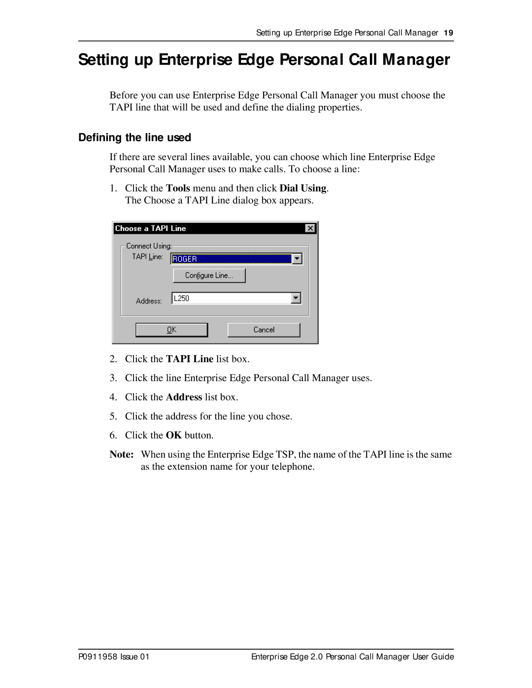 Nortel Networks 2 manual Setting up Enterprise Edge Personal Call Manager, Defining the line used 