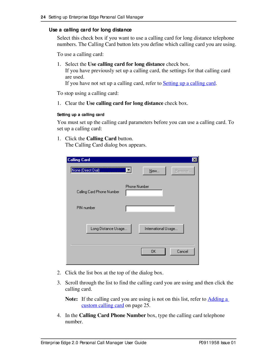 Nortel Networks 2 manual Use a calling card for long distance, Select the Use calling card for long distance check box 