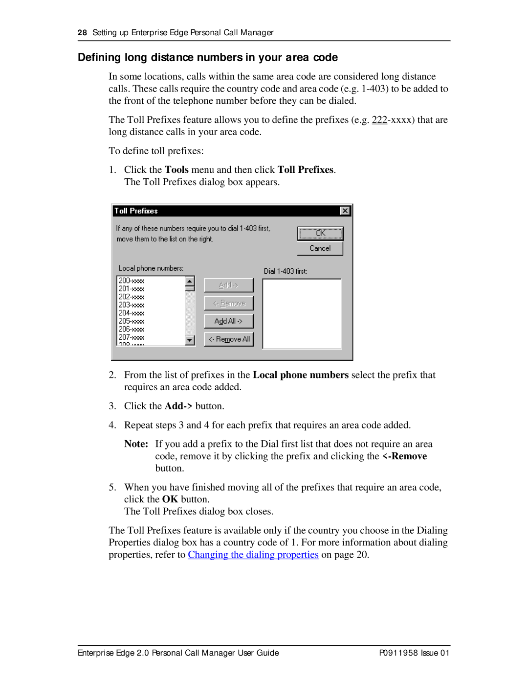 Nortel Networks 2 manual Defining long distance numbers in your area code 