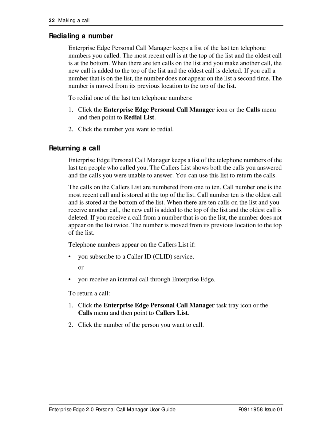 Nortel Networks 2 manual Redialing a number, Returning a call 