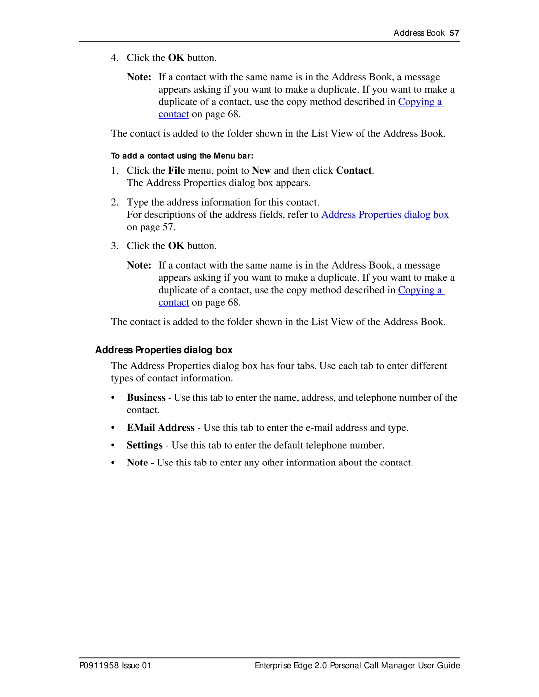 Nortel Networks 2 manual Address Properties dialog box 