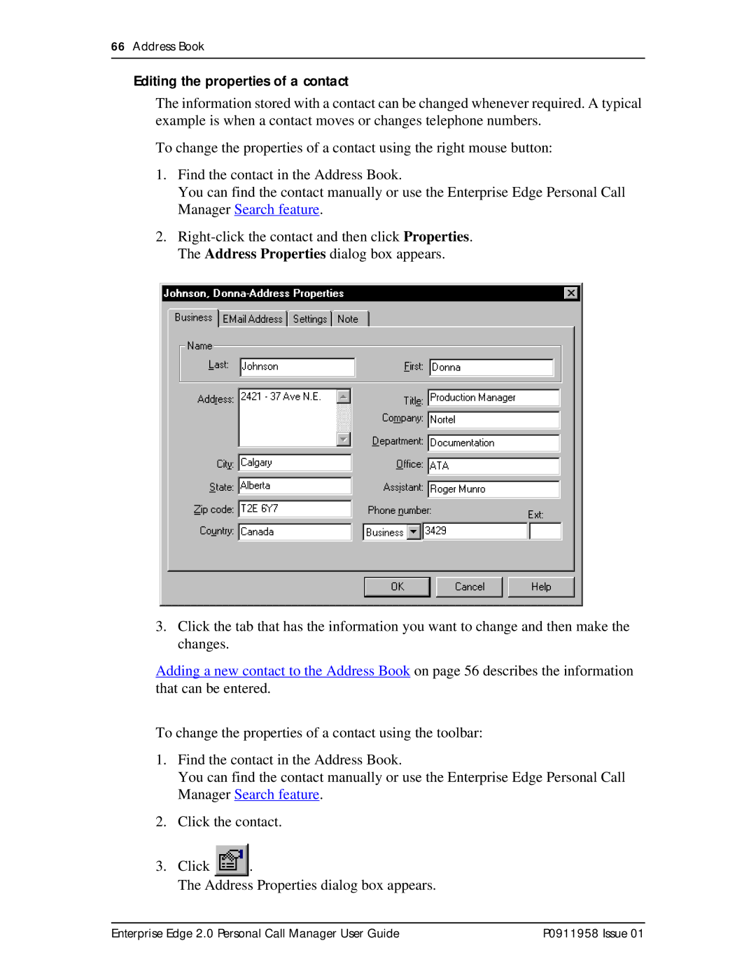 Nortel Networks 2 manual Editing the properties of a contact 