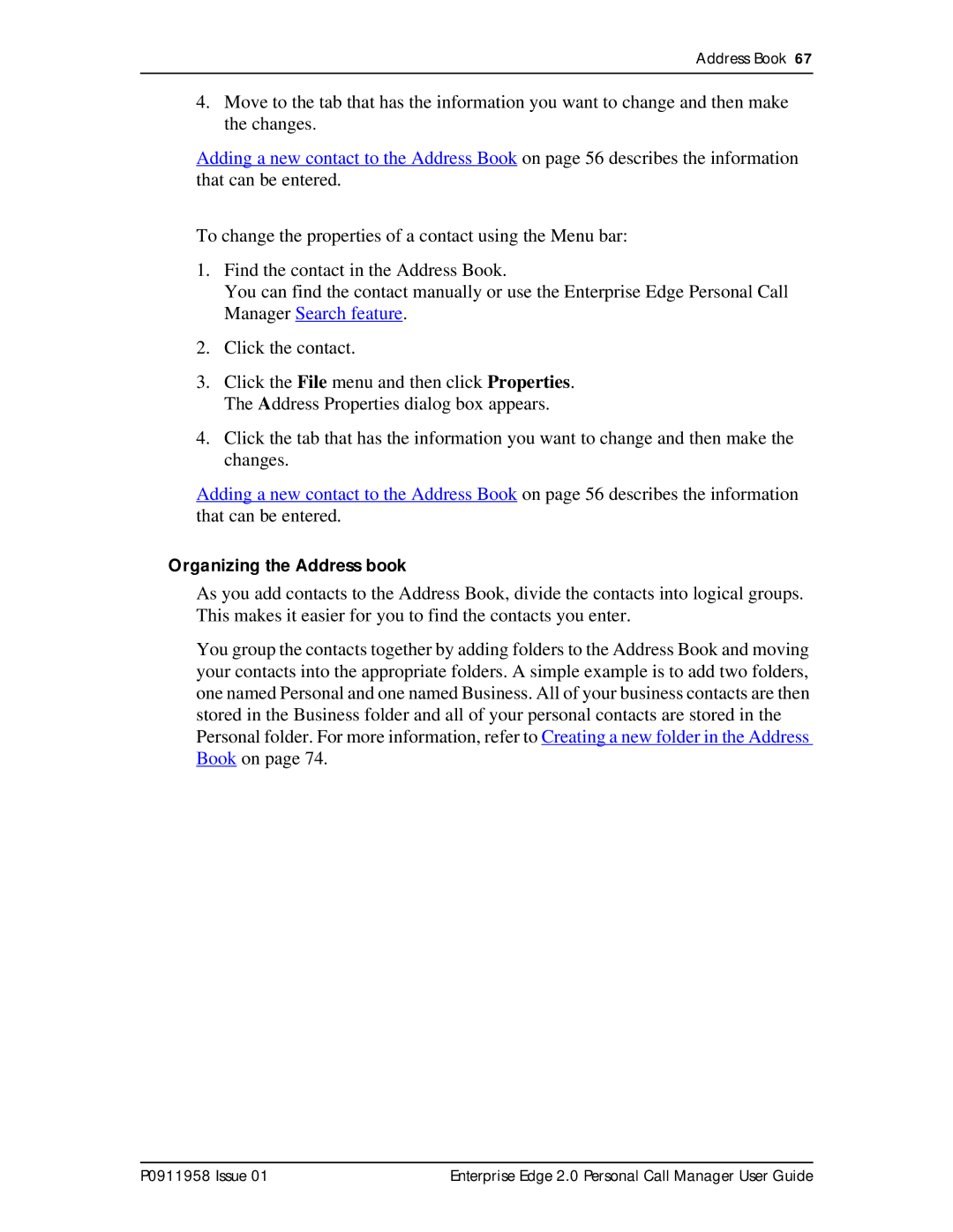 Nortel Networks 2 manual Organizing the Address book 