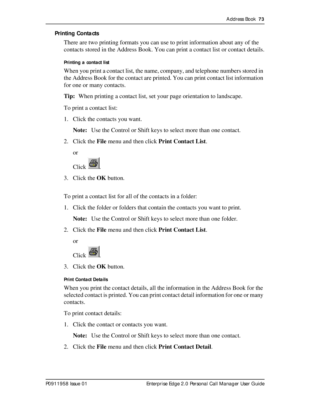 Nortel Networks 2 manual Printing Contacts 