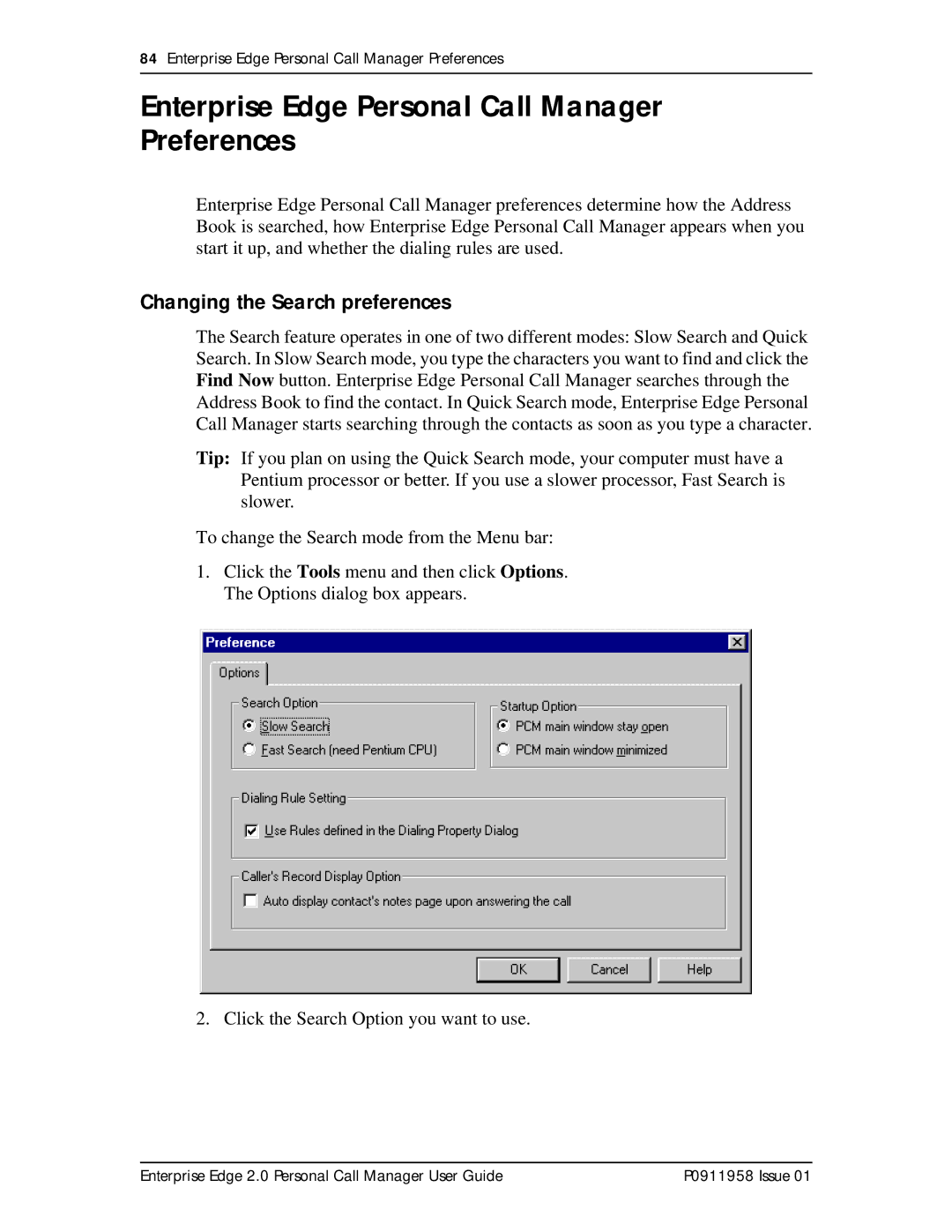 Nortel Networks 2 manual Enterprise Edge Personal Call Manager Preferences, Changing the Search preferences 