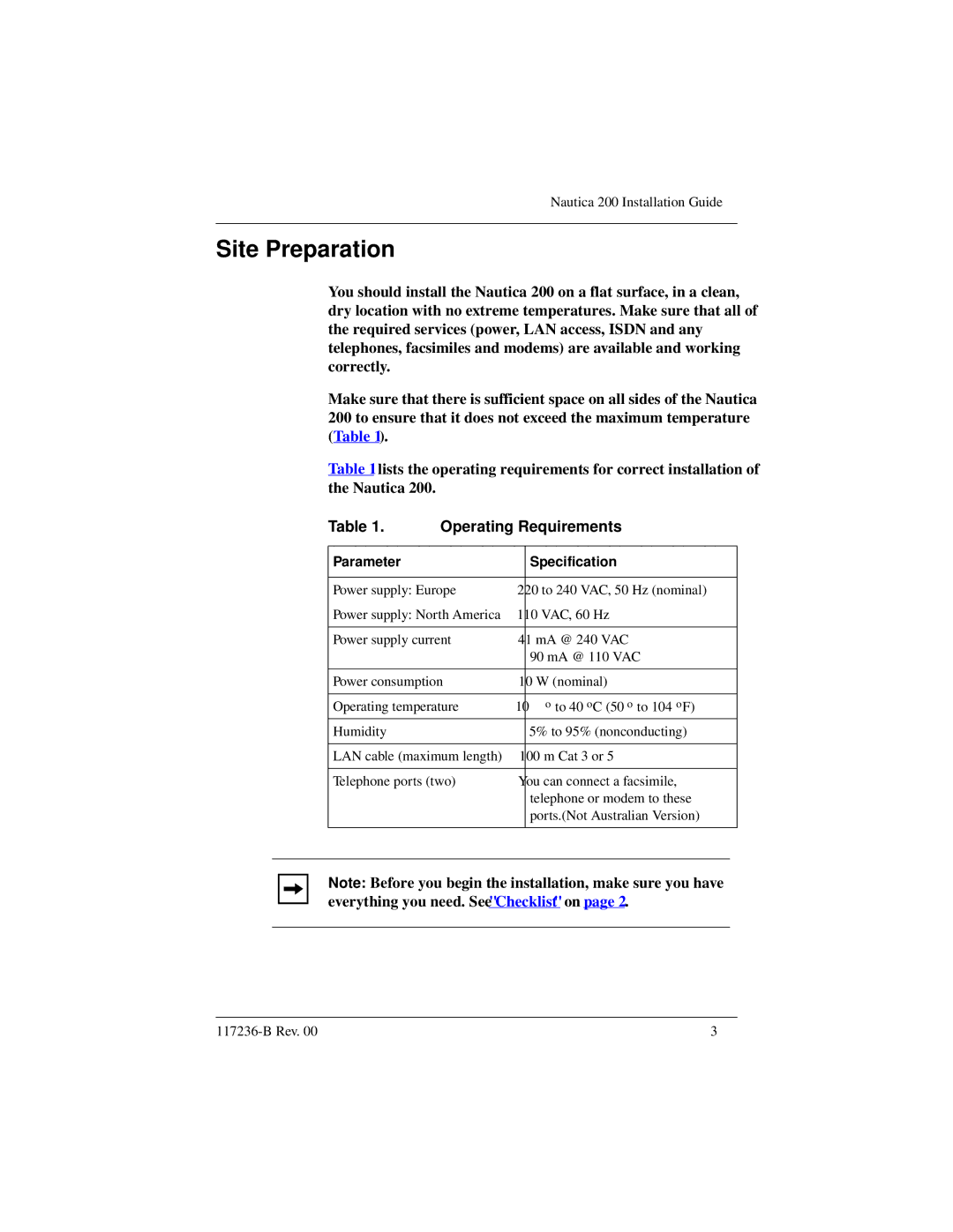 Nortel Networks 200 manual Site Preparation, Parameter Specification 