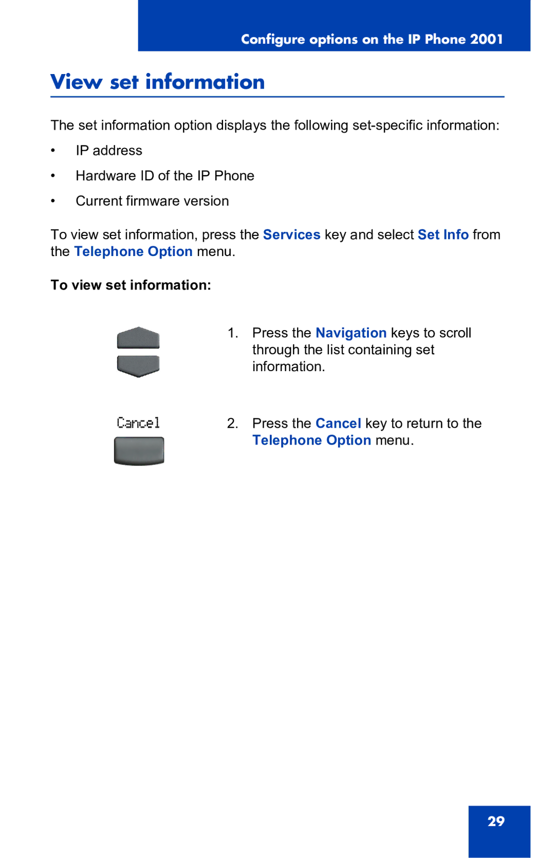 Nortel Networks 2001 manual View set information, To view set information 