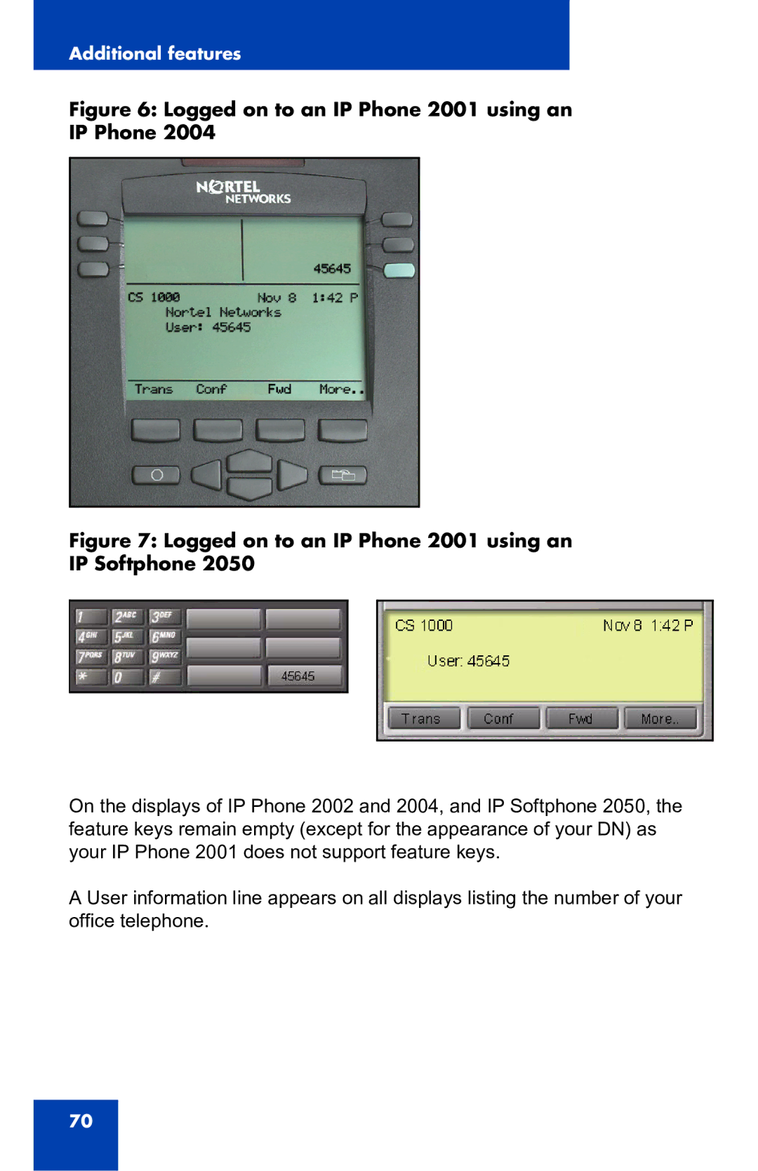 Nortel Networks manual Logged on to an IP Phone 2001 using an IP Softphone 