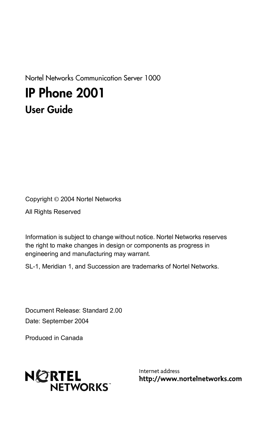 Nortel Networks 2001 manual Internet address 