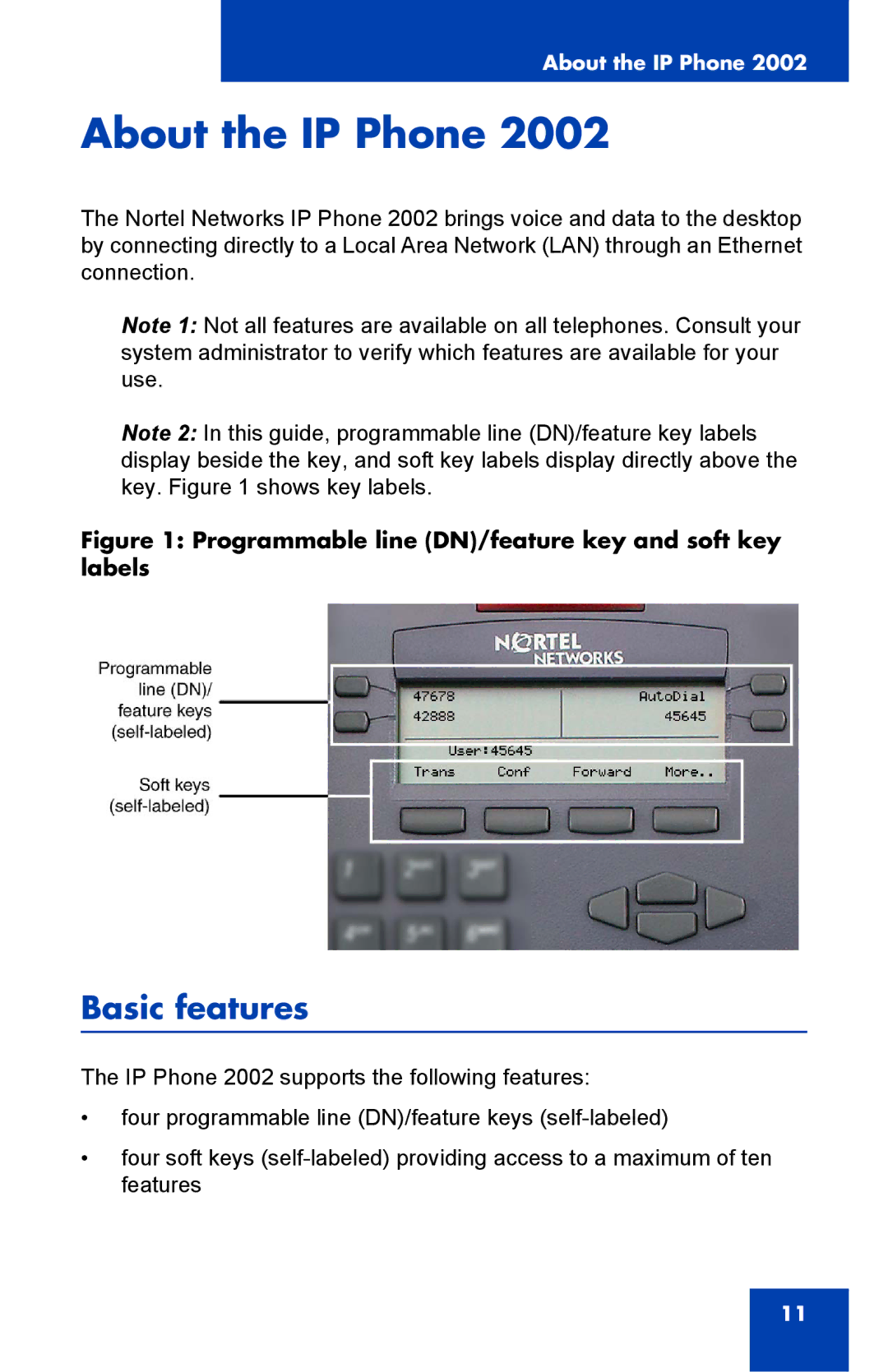 Nortel Networks 2002 manual About the IP Phone, Basic features 