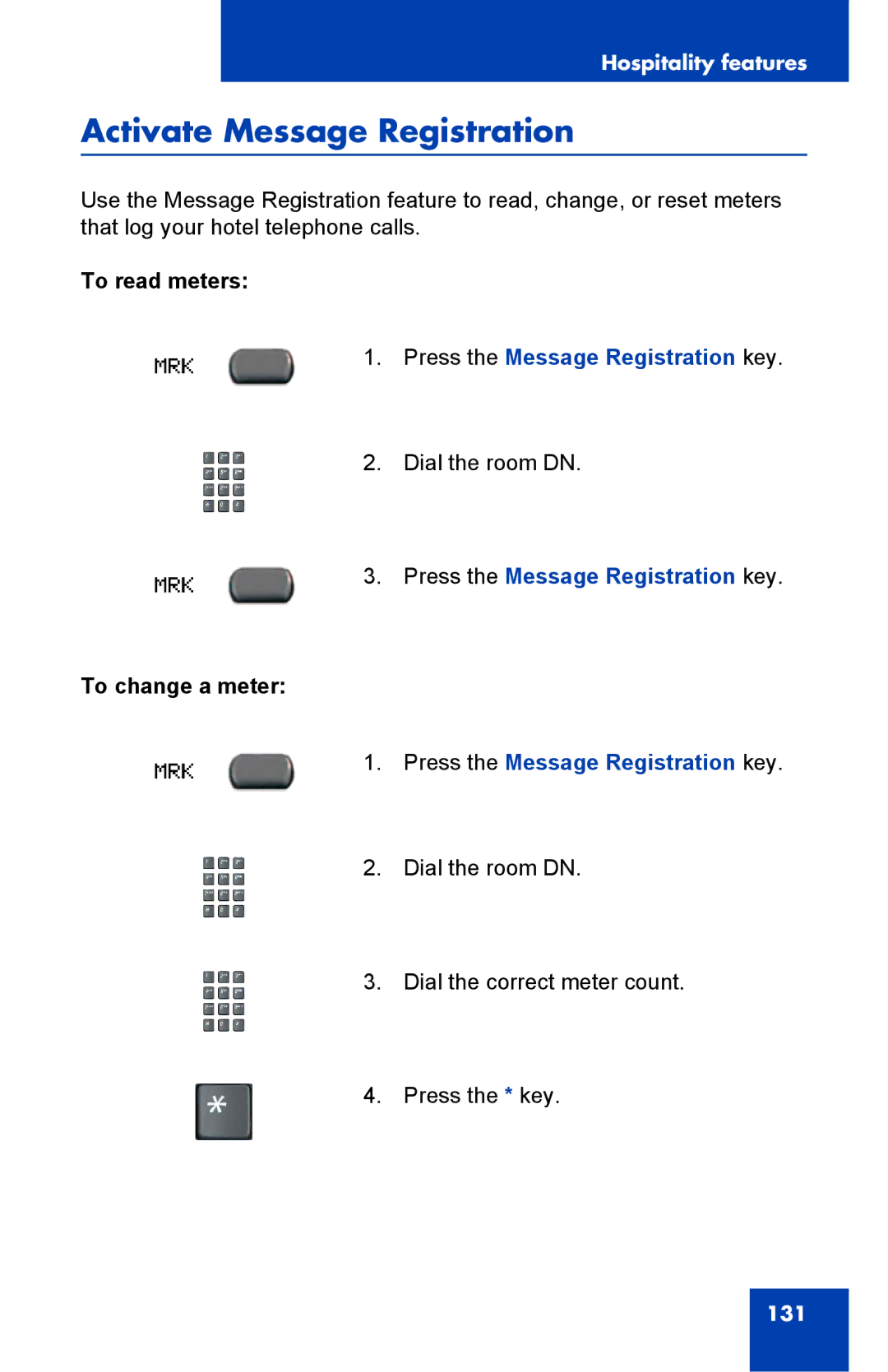 Nortel Networks 2002 Activate Message Registration, To read meters, Press the Message Registration key, To change a meter 