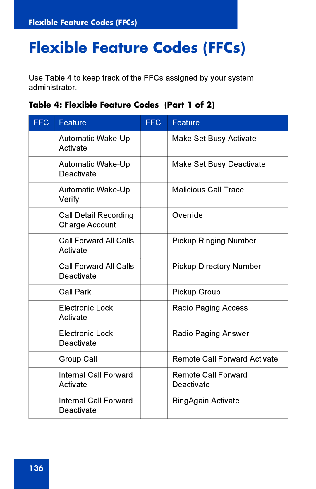 Nortel Networks 2002 manual Flexible Feature Codes FFCs, Flexible Feature Codes Part 1 