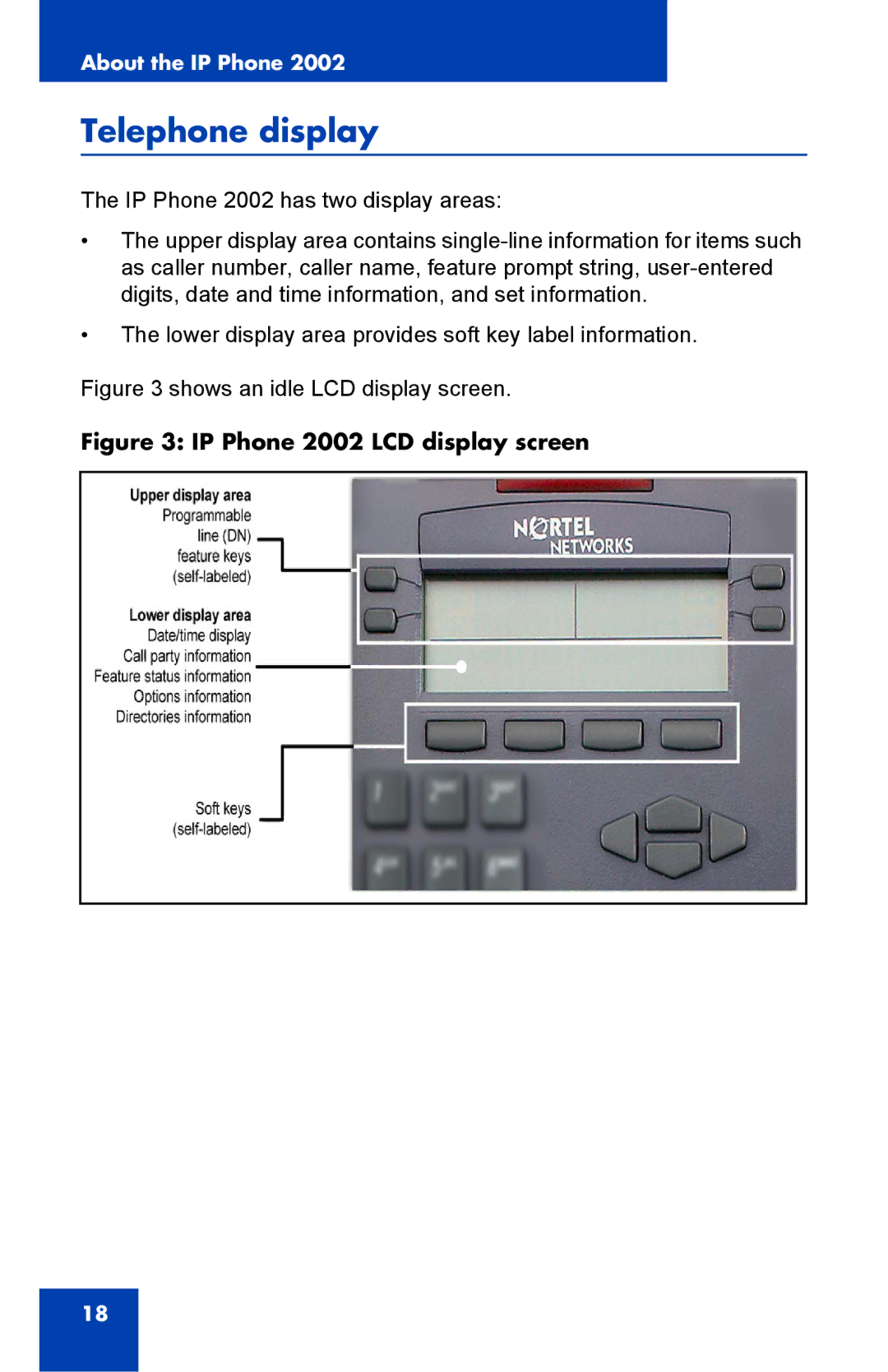 Nortel Networks manual Telephone display, IP Phone 2002 LCD display screen 