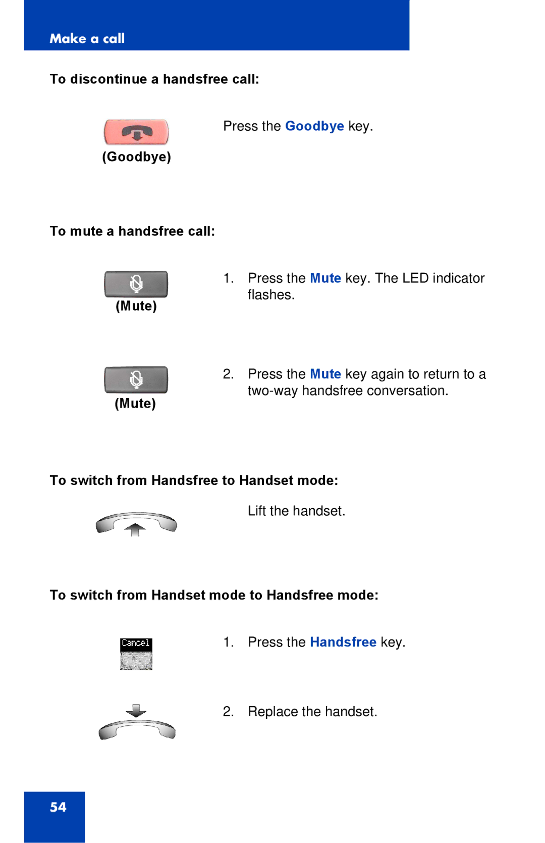 Nortel Networks 2002 manual To discontinue a handsfree call, Goodbye To mute a handsfree call Mute 