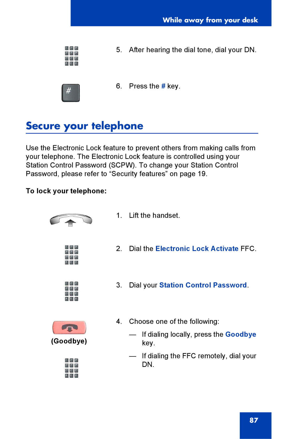 Nortel Networks 2002 manual Secure your telephone, To lock your telephone Goodbye 