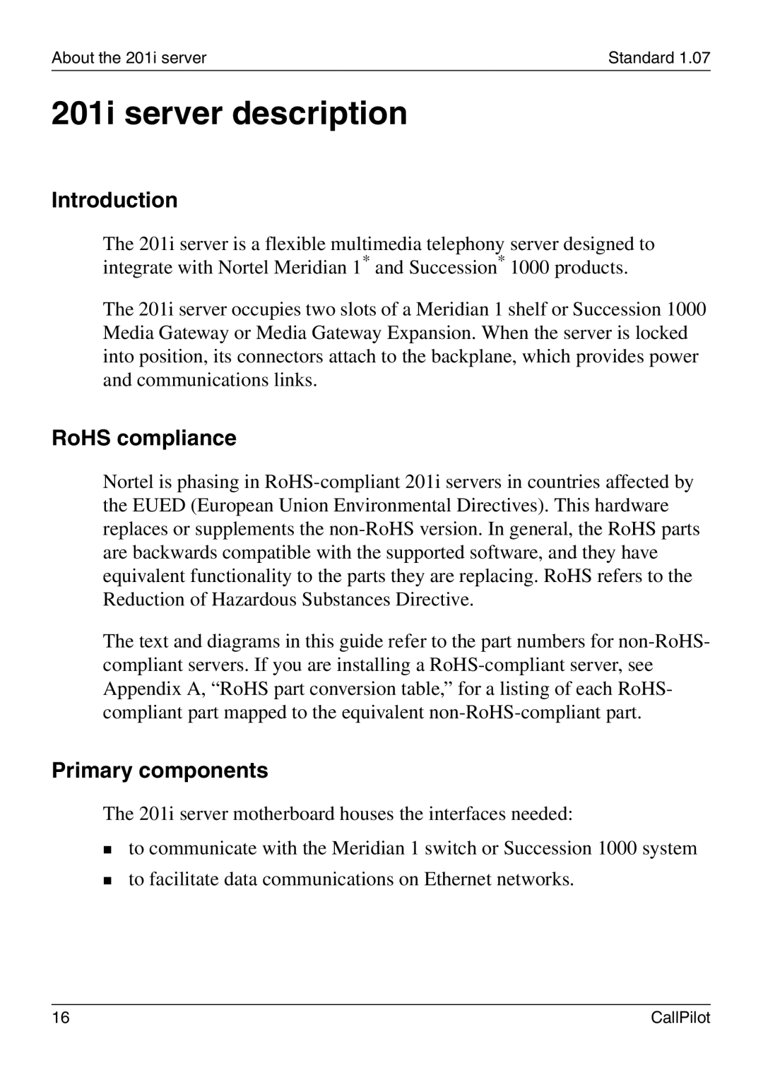 Nortel Networks manual 201i server description, Introduction, RoHS compliance, Primary components 