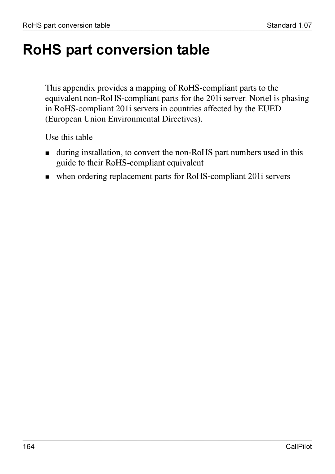 Nortel Networks 201i manual RoHS part conversion table 