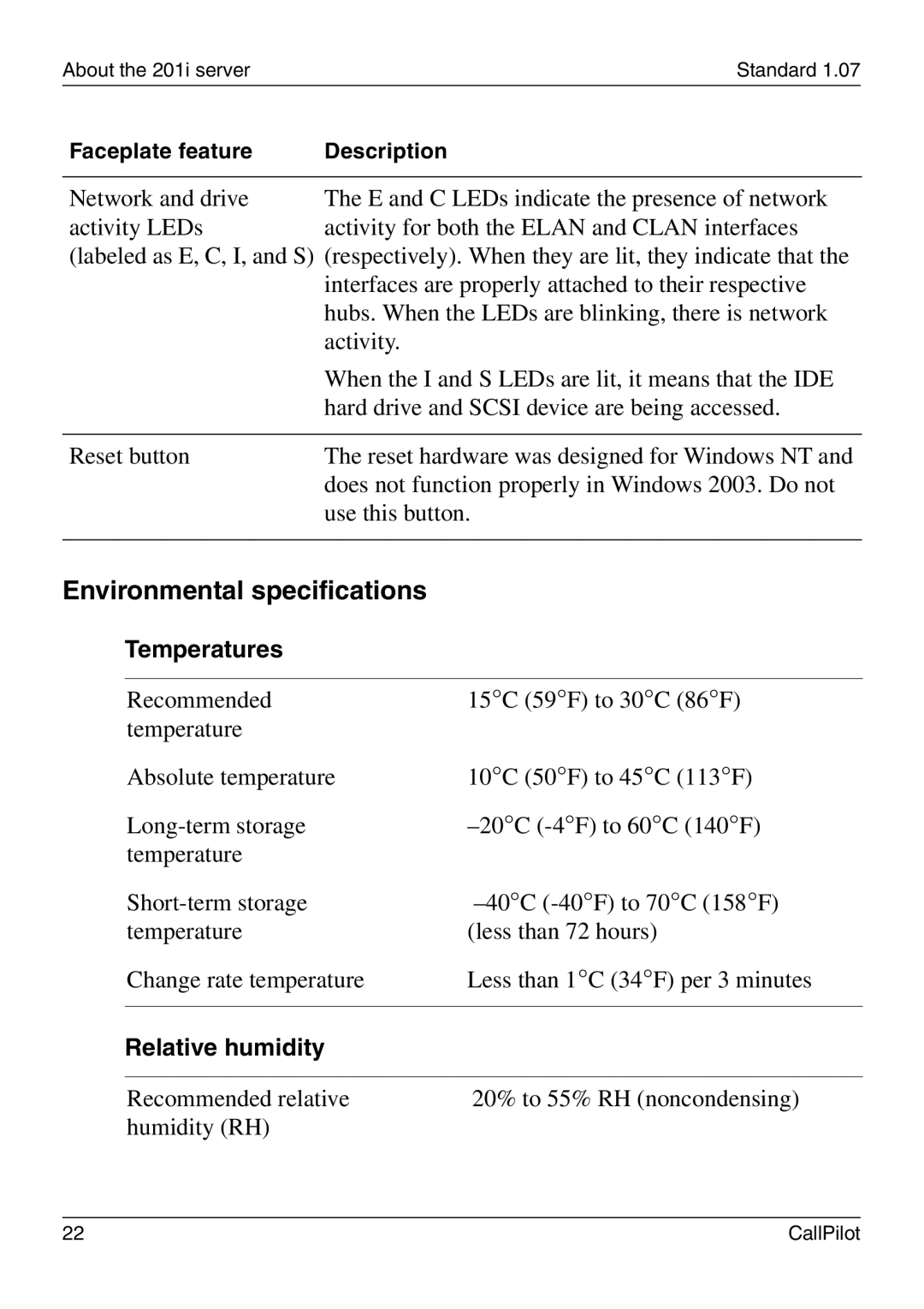 Nortel Networks 201i manual Environmental specifications, Temperatures, Relative humidity 