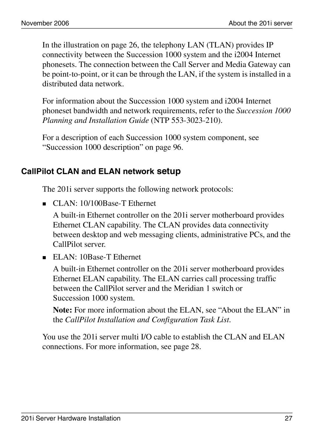 Nortel Networks 201i manual CallPilot Clan and Elan network setup 