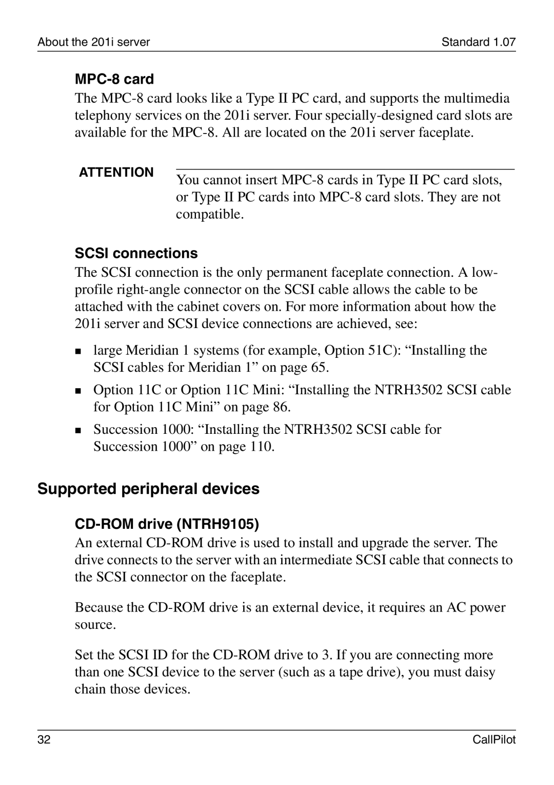 Nortel Networks 201i manual Supported peripheral devices, MPC-8 card, Scsi connections, CD-ROM drive NTRH9105 